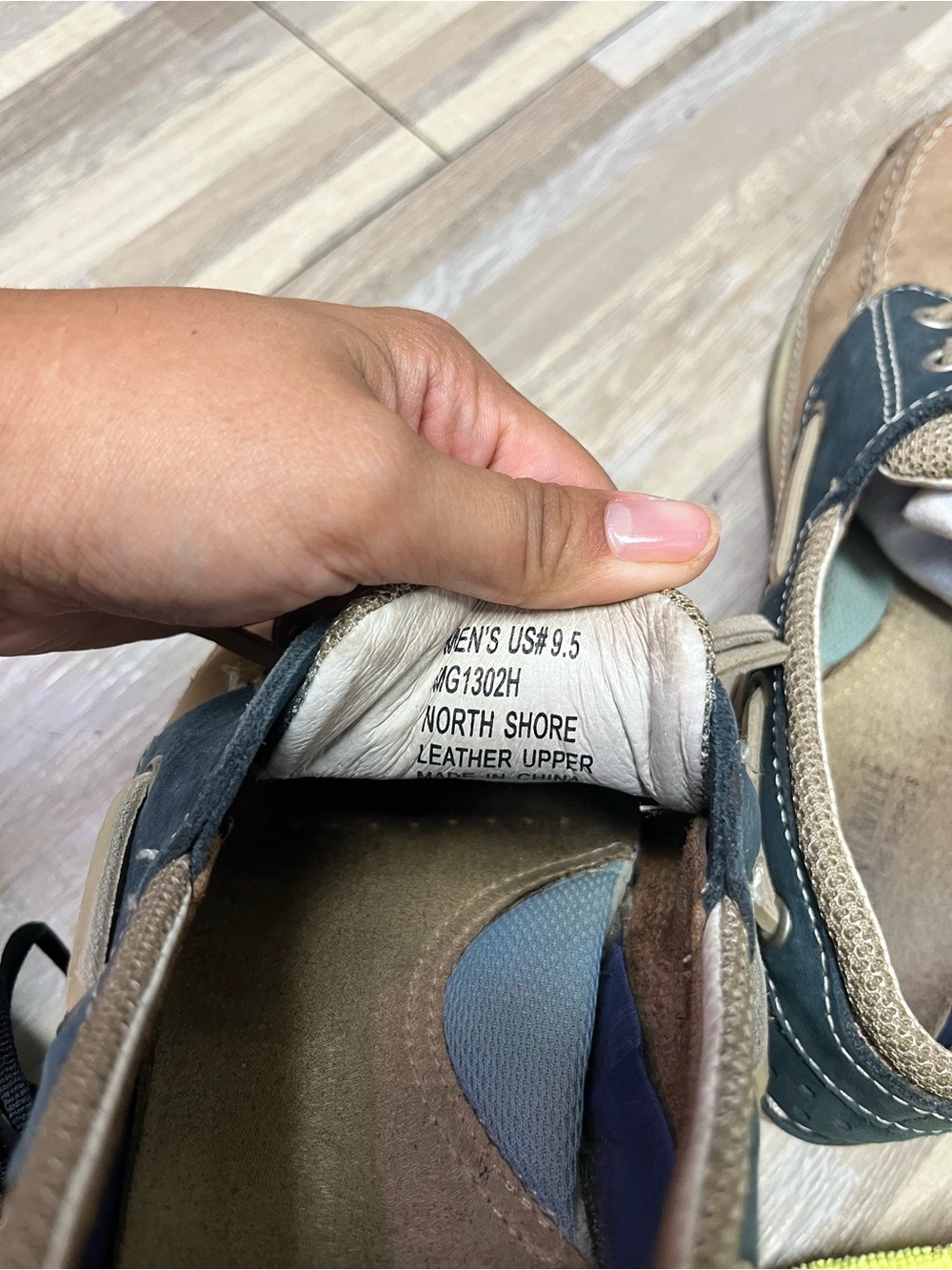 Margaritaville Men's Tan and Navy Leather Boat Shoes - Picture 8 of 8